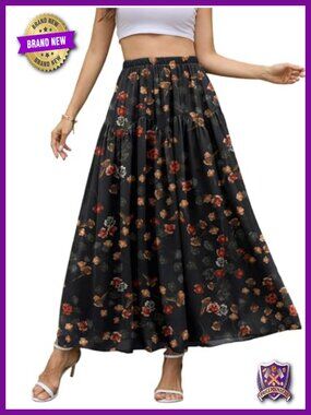Chiffon Maxi Skirt A-Line High Waisted Elastic Floral Long Flowy Tiered Skirt